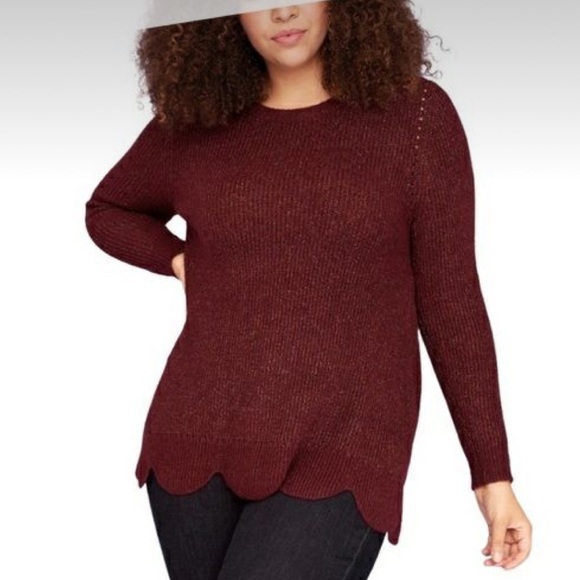 Lane Bryant Metallic Stitched Maroon Scalloped Hem Pullover Crew Neck Sweater - Picture 1 of 8